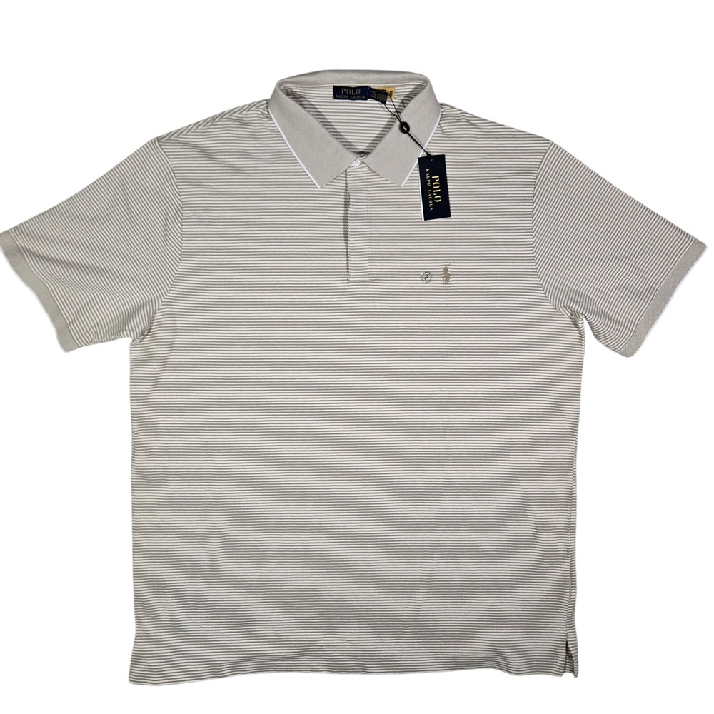 Polo Ralph Lauren Mens 2XLT Polo Shirt Beige Striped‎ Stretch Short Sleeve Tall